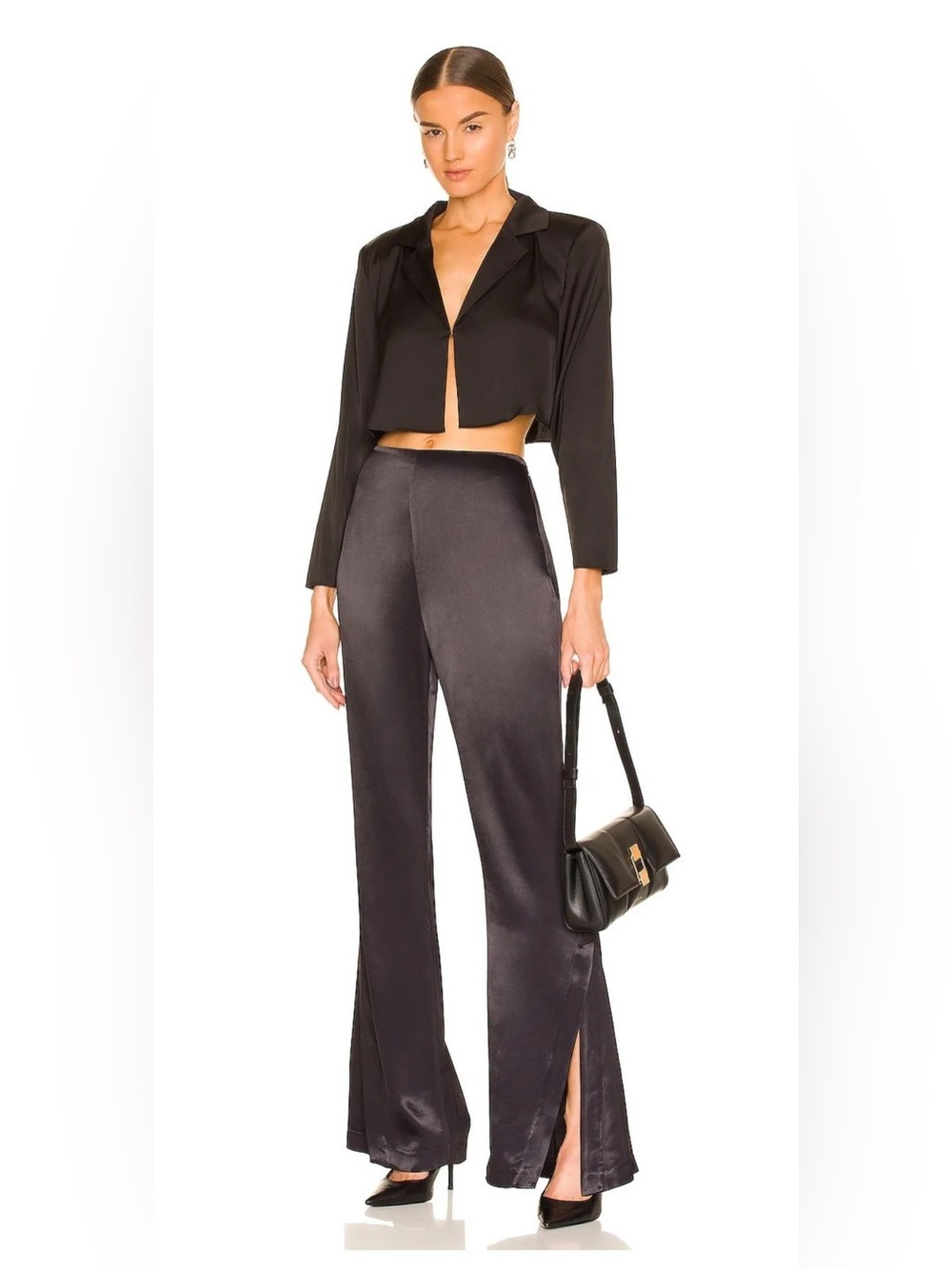 L'academie Revolve Black Satin Split Hem Wide Leg Cocktail Designer Pant